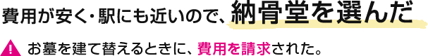 費用が安く・駅にも近いので、納骨堂を選んだ 【注意】お墓を建て替えるときに、費用を請求された。